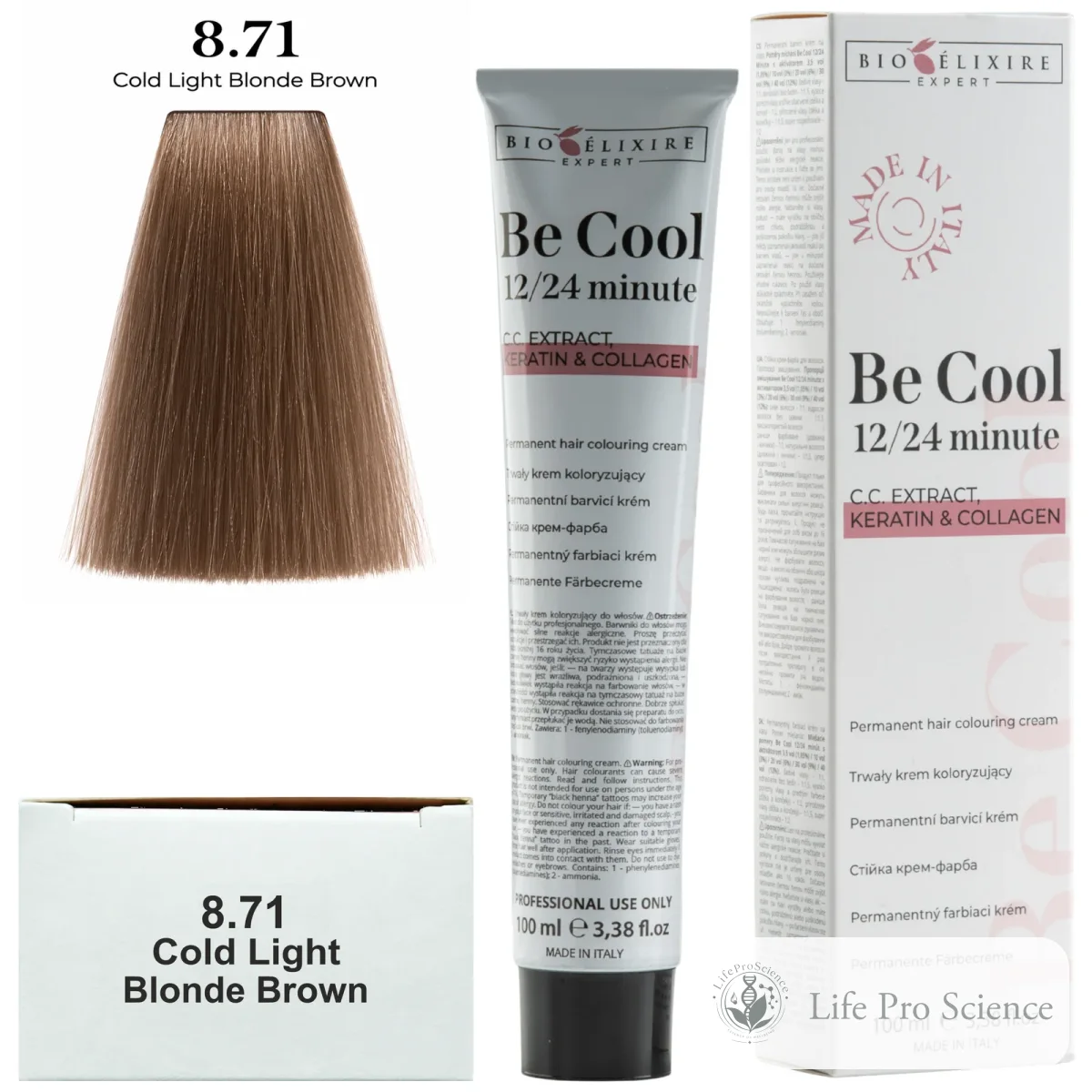 Bioelixire Expert Be Cool Permanent Hair Color 8.71 Light Cool Brown Blonde, 100ml