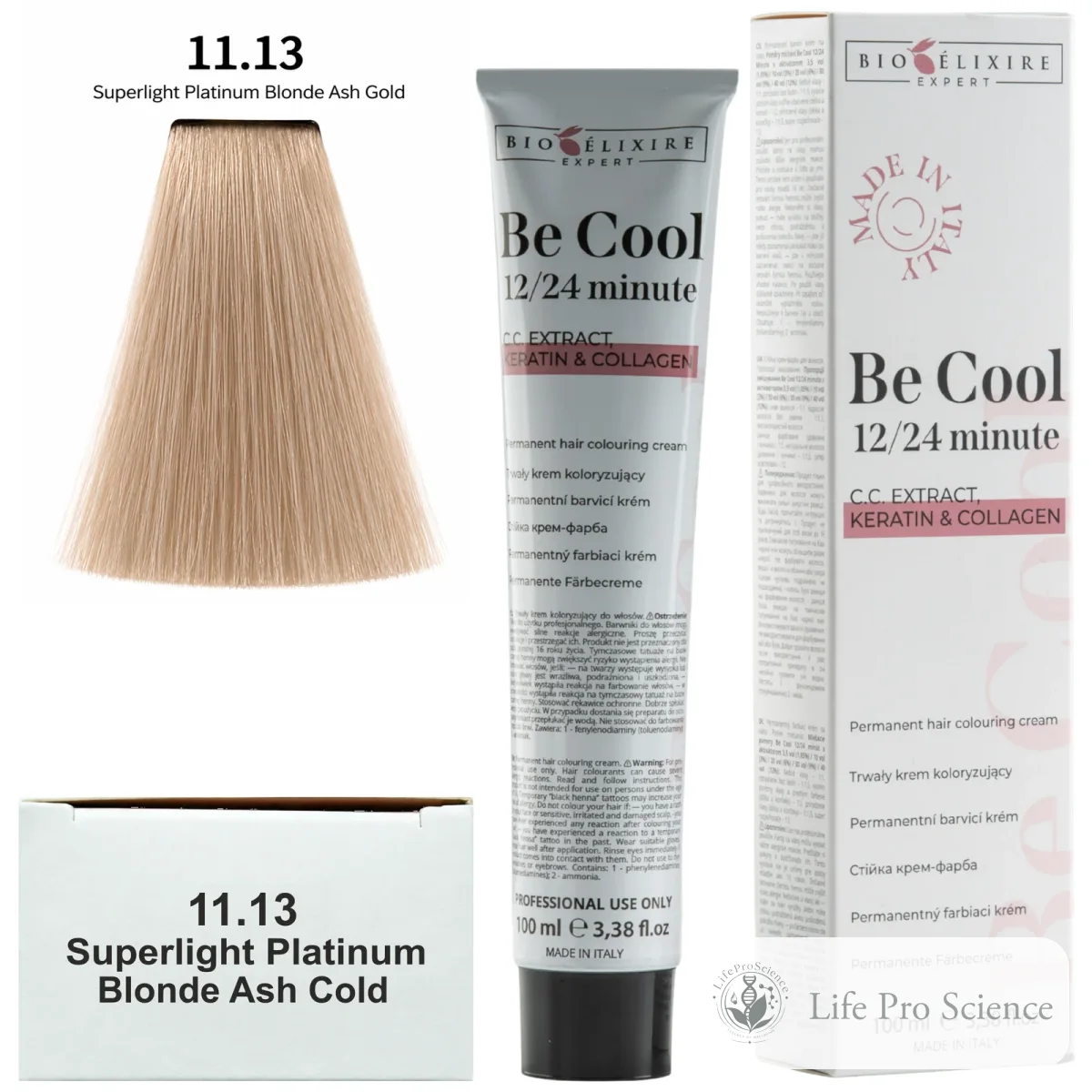 Bioelixire Expert Be Cool Permanent Hair Color 11.13 Super Light Platinum Ash Gold Blonde, 100ml